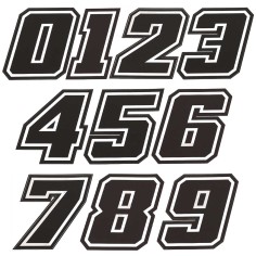 AUTOCOLLANT NUMERO MOTO NOIR CONTOUR BLANC DE 0 A 9 - HAUTEUR 10 CM