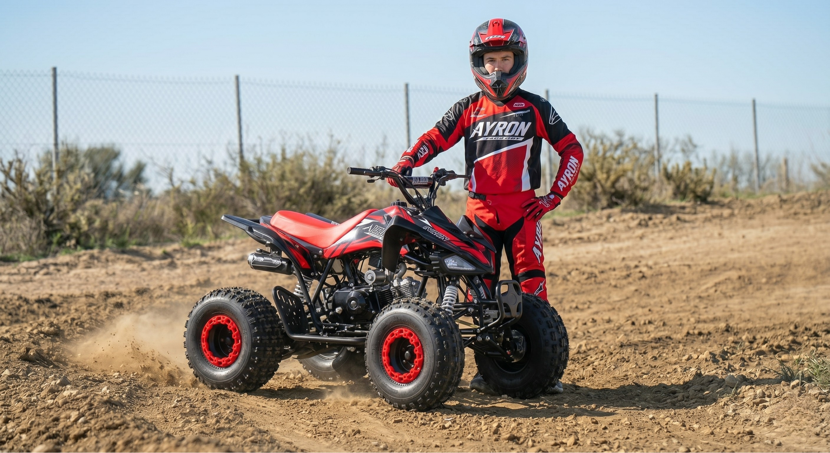 Quad 125cc rouge carbone Ayron – vue en action