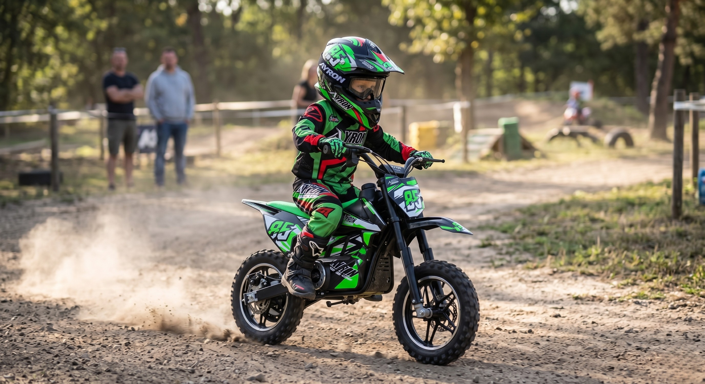 Moto électrique enfant AYRON 1000W 36V verte, sur le terrain